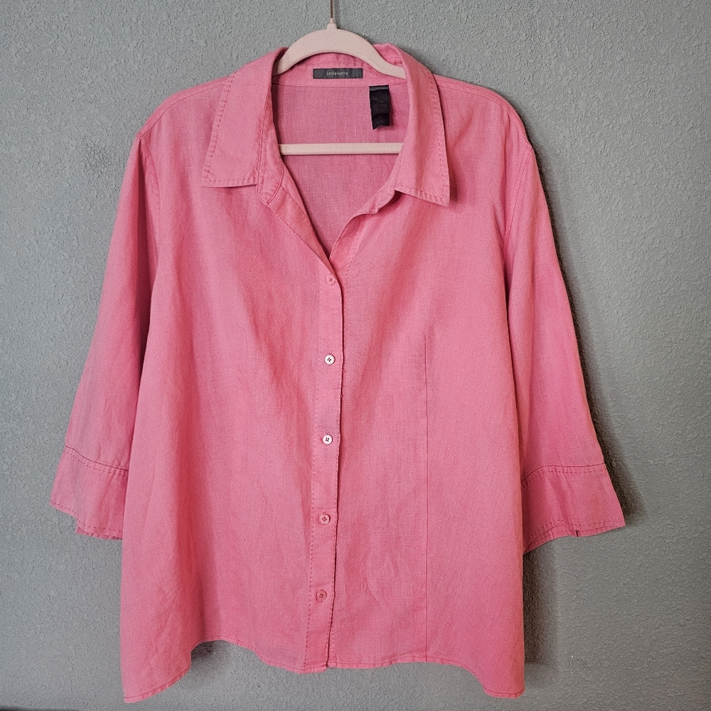 Liz Claiborne Linen Top Womens‎ 16W Pink 3/4 Sleeve Button Up Shirt Blouse